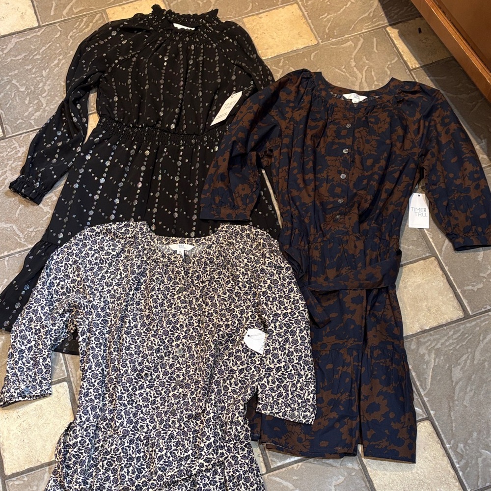 New lot 3 Printed Dresses - Black, Navy/Brown, White/Navy